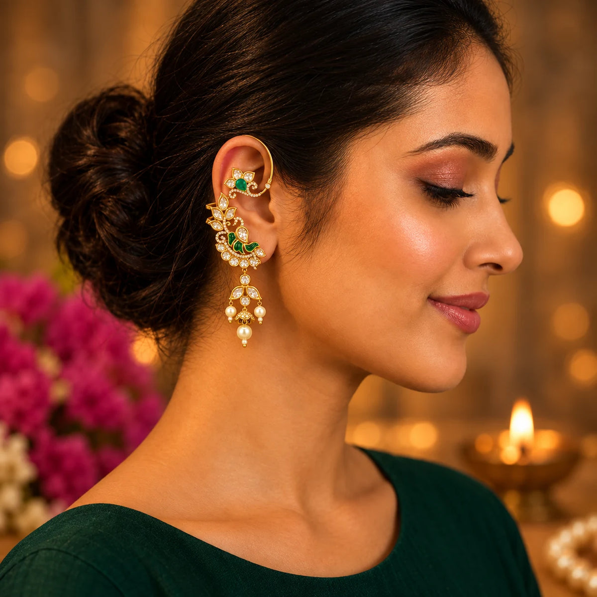 Model wearing Ankkshi Kashmiri Morvina enamel ear cuff with peacock motif, kundan stones, pearl drops and antique gold finish.