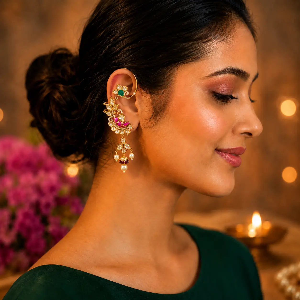 Model wearing Ankkshi Kashmiri Morvina enamel ear cuff with peacock motif, kundan stones, pearl drops and antique gold finish.