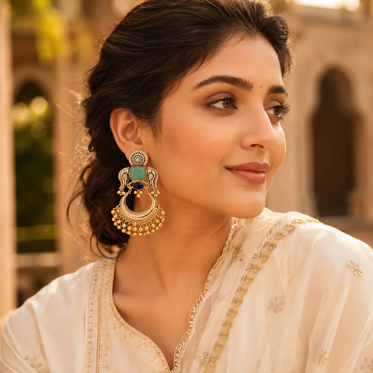 Kashmiri Mor Crescent Earrings