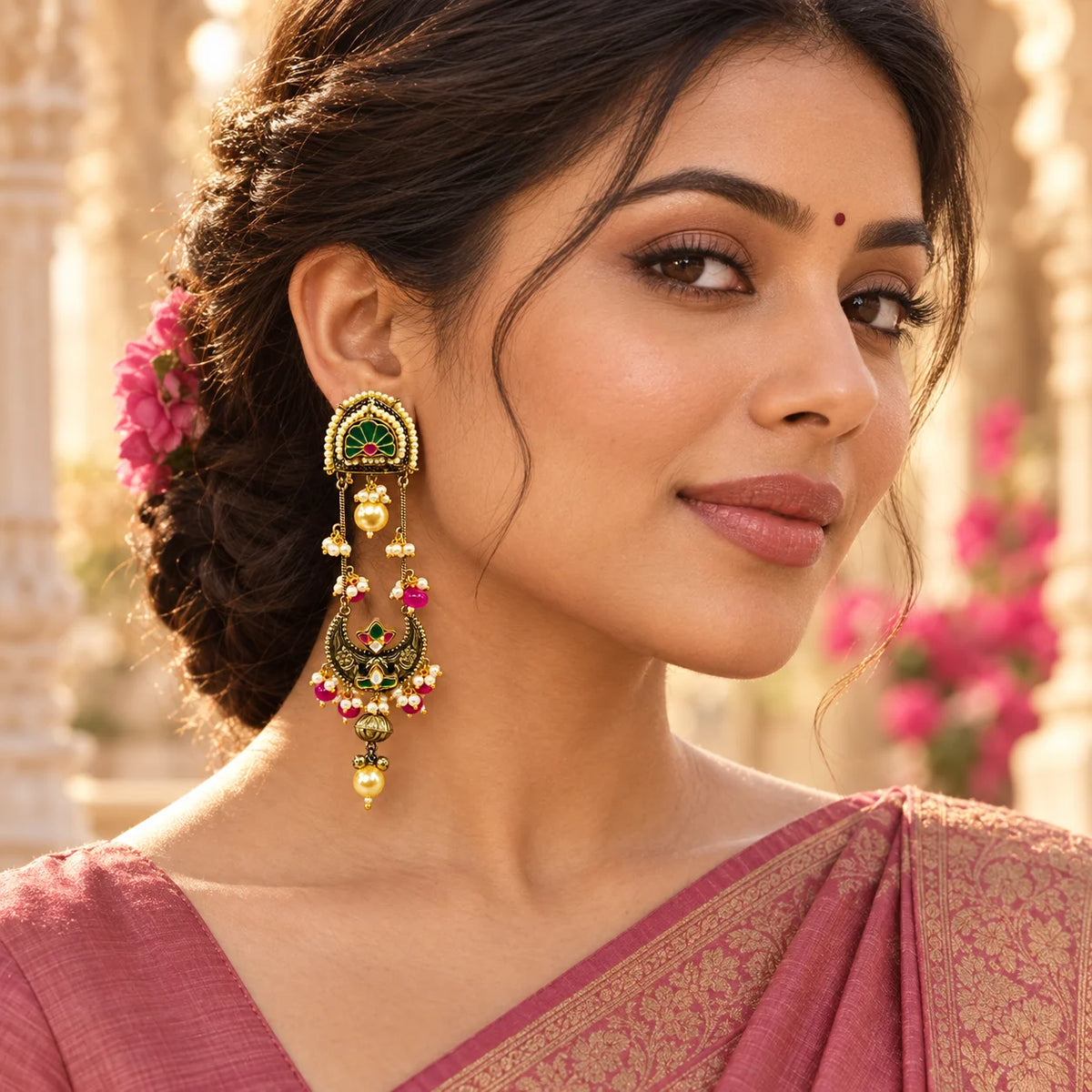 Indian woman wearing Ankkshi Kashmiri jearrings