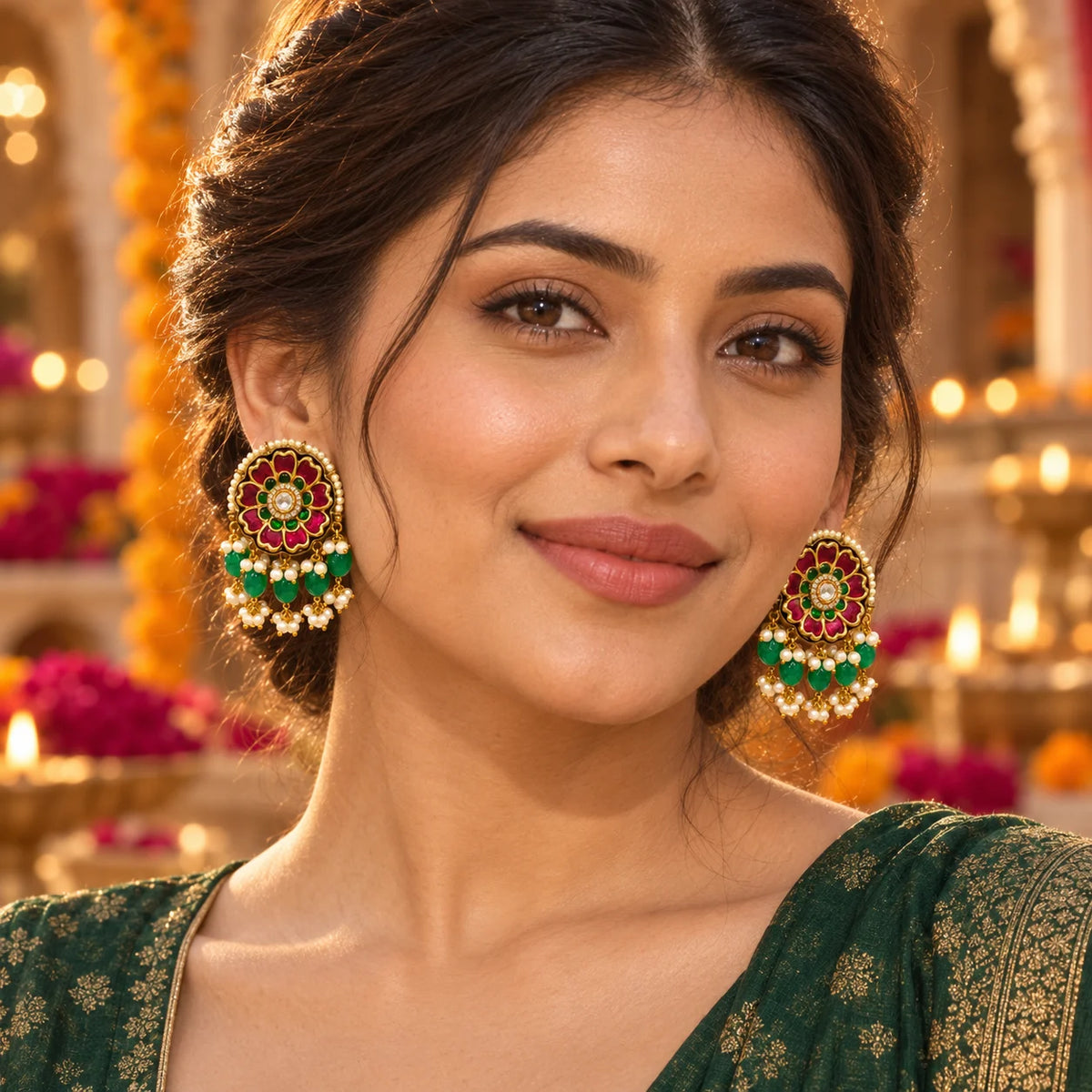 Woman wearing Kashmiri Gulbahar Floral Earrings