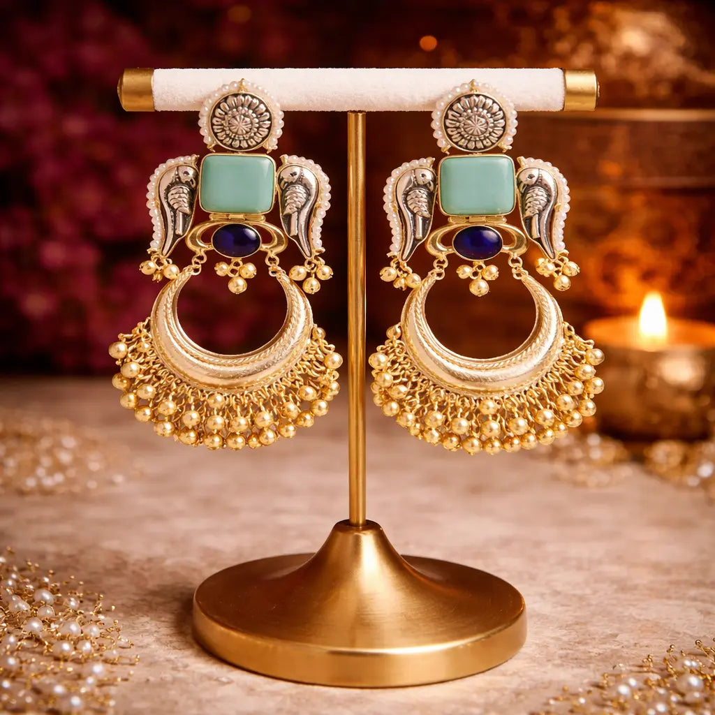 Kashmiri Mor Crescent Earrings in Midnight Blue with peacock motifs and gold detailing