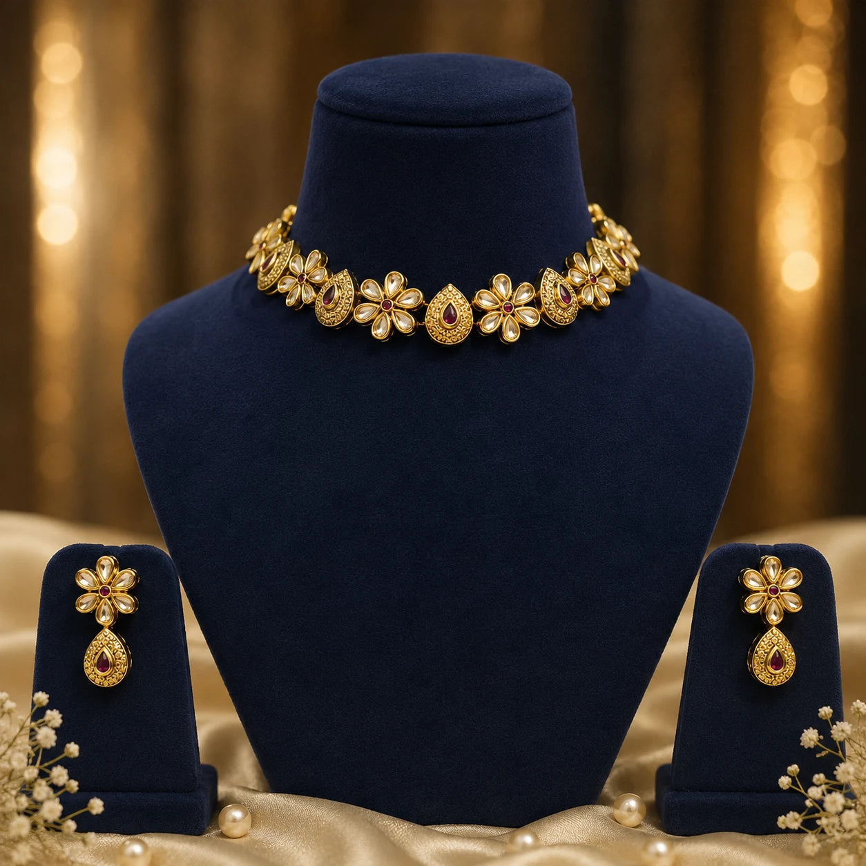Kumudini ruby floral kundan choker necklace with matching earrings