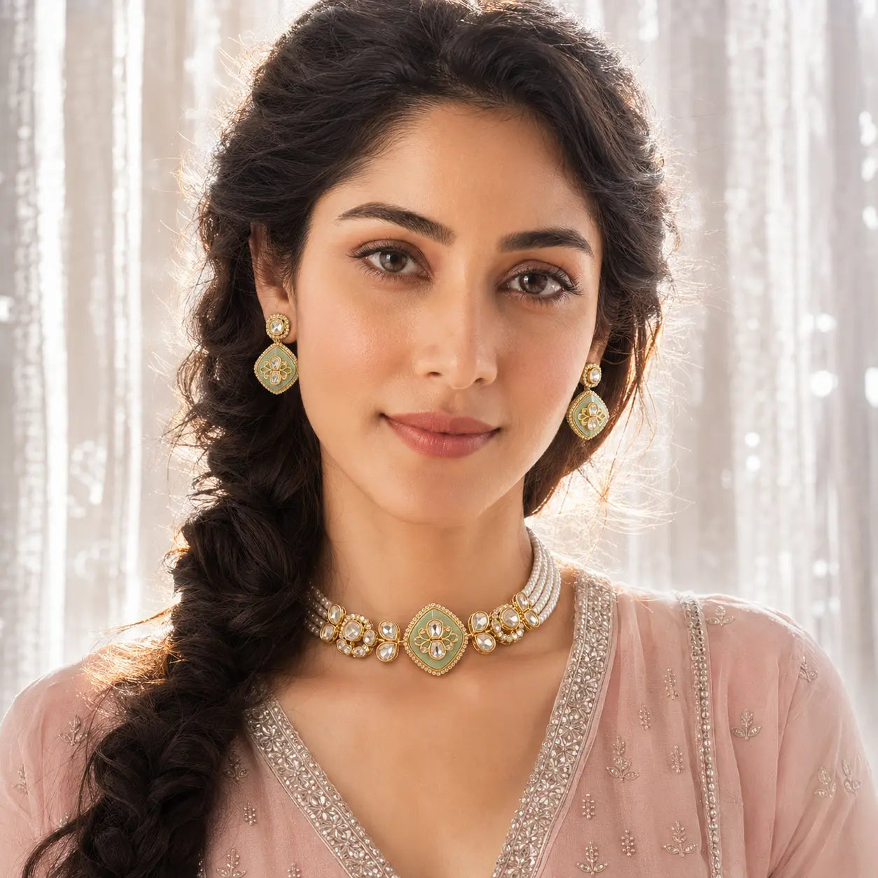 Madhavi – Ankkshi Mint Kundan Pearl Choker Set