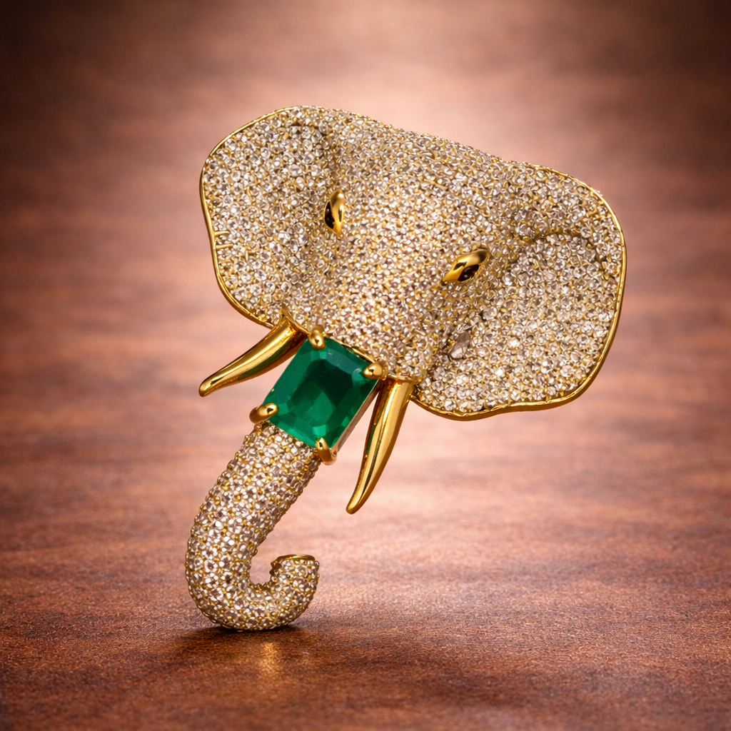 Diamond elephant head brooch with emerald center by Ankkshi