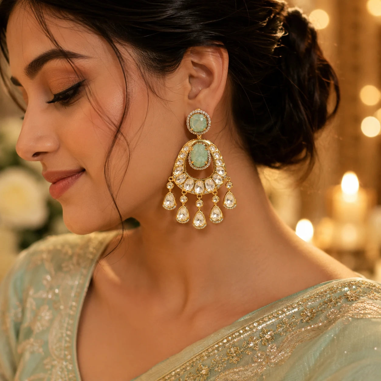 Indian woman wearing mint green kundan chandelier earrings with polki stones and teardrop danglers, styled with a pastel mint saree.