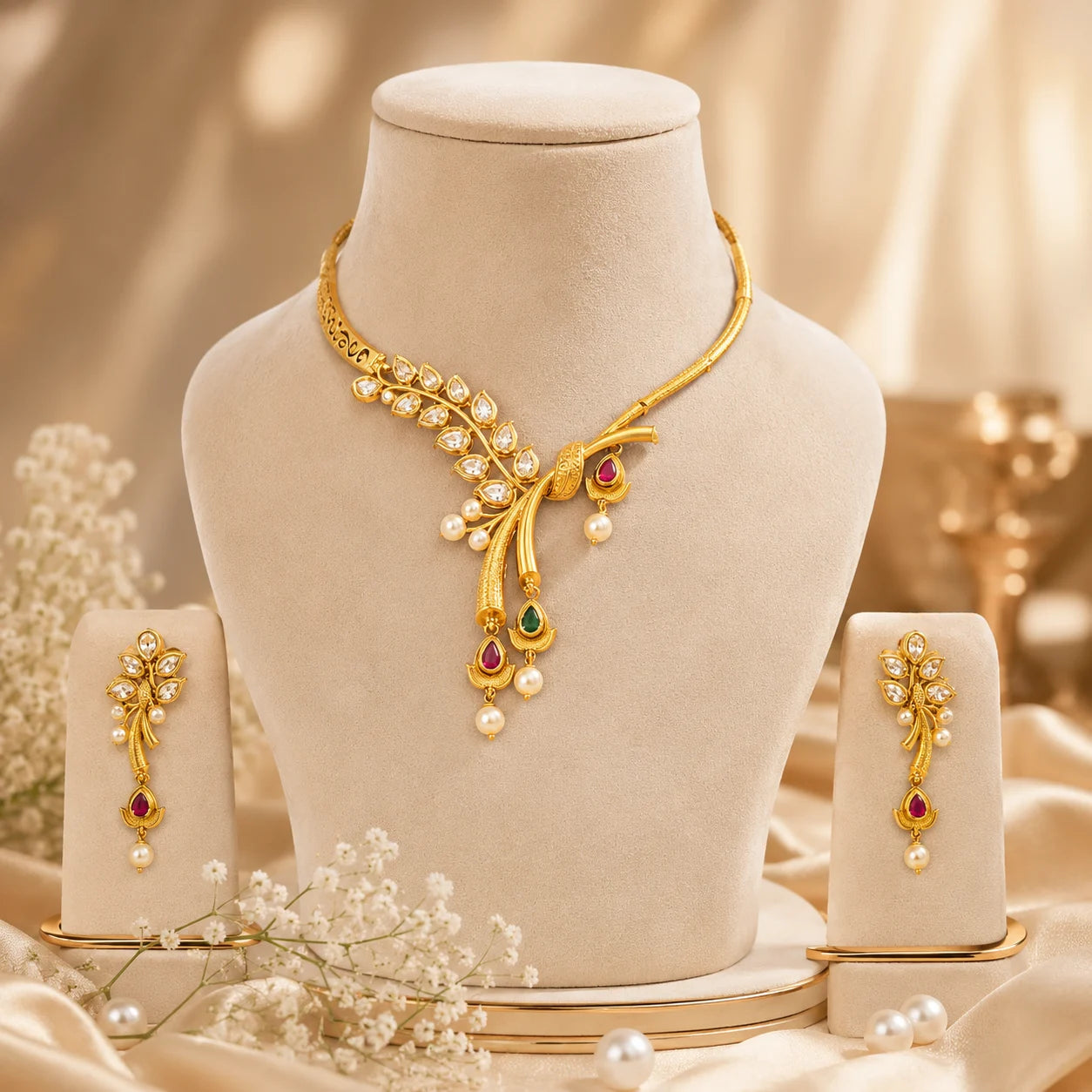 Pallavi heritage kundan necklace set with leaf-inspired design and matching earrings
