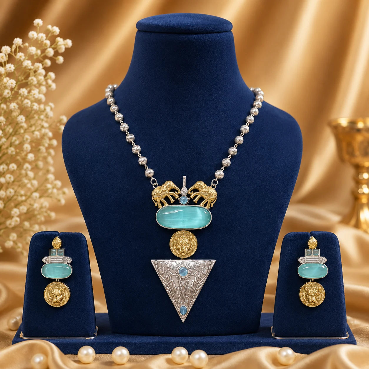 Simhika Oxidised Heritage Necklace Set in Teal Blue featuring lion medallions, elephant motifs, oxidised silver detailing and matching earrings