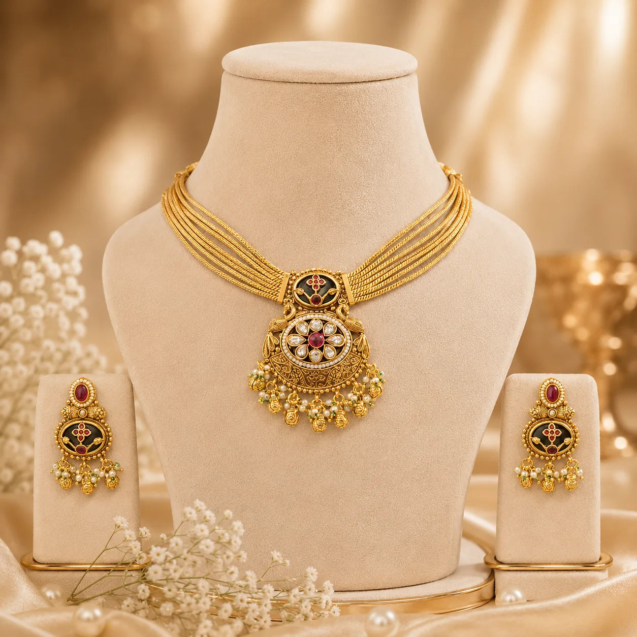 Vaidehi heritage pendant necklace set with matching traditional earrings