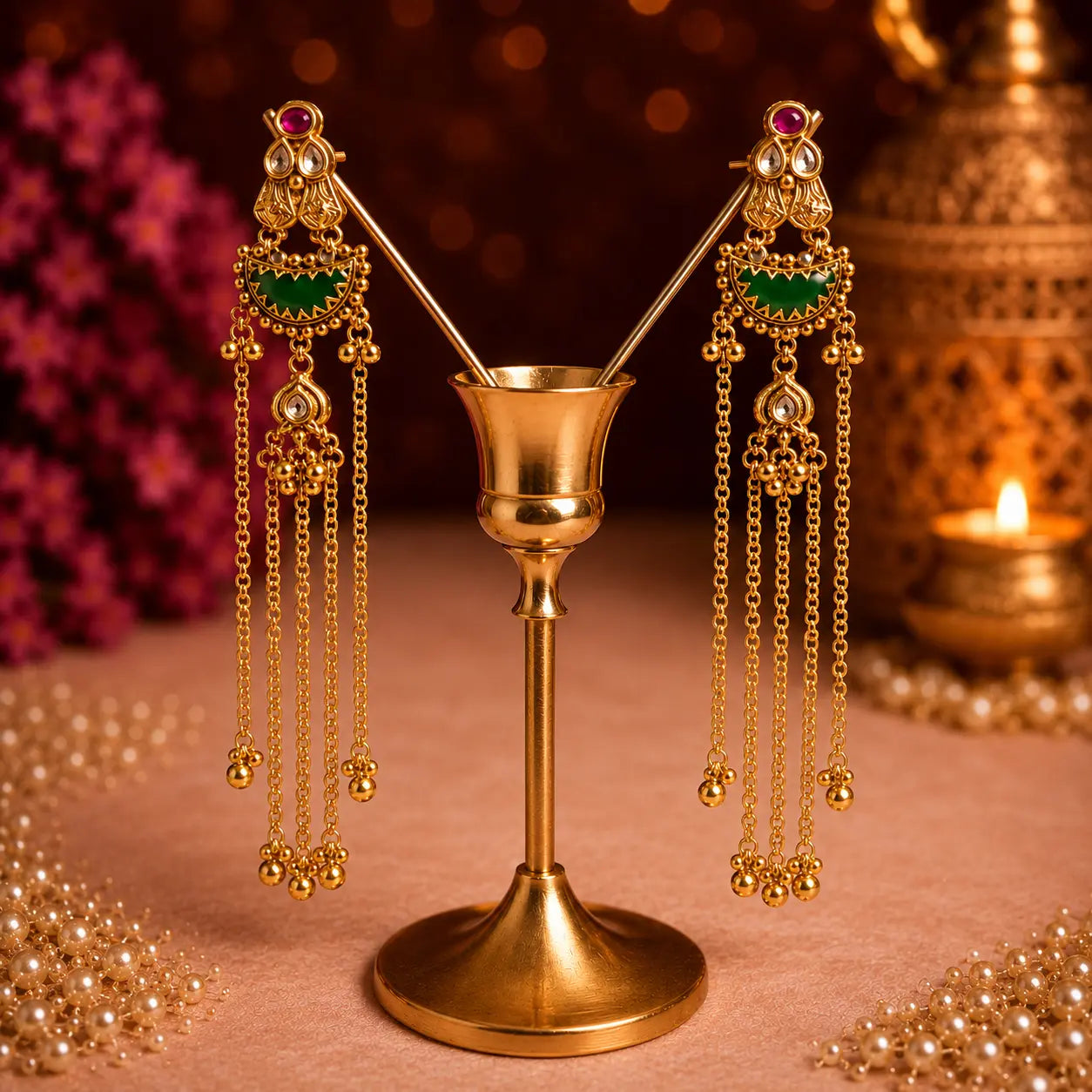 Kashmiri Mehrab Green Crescent Earrings