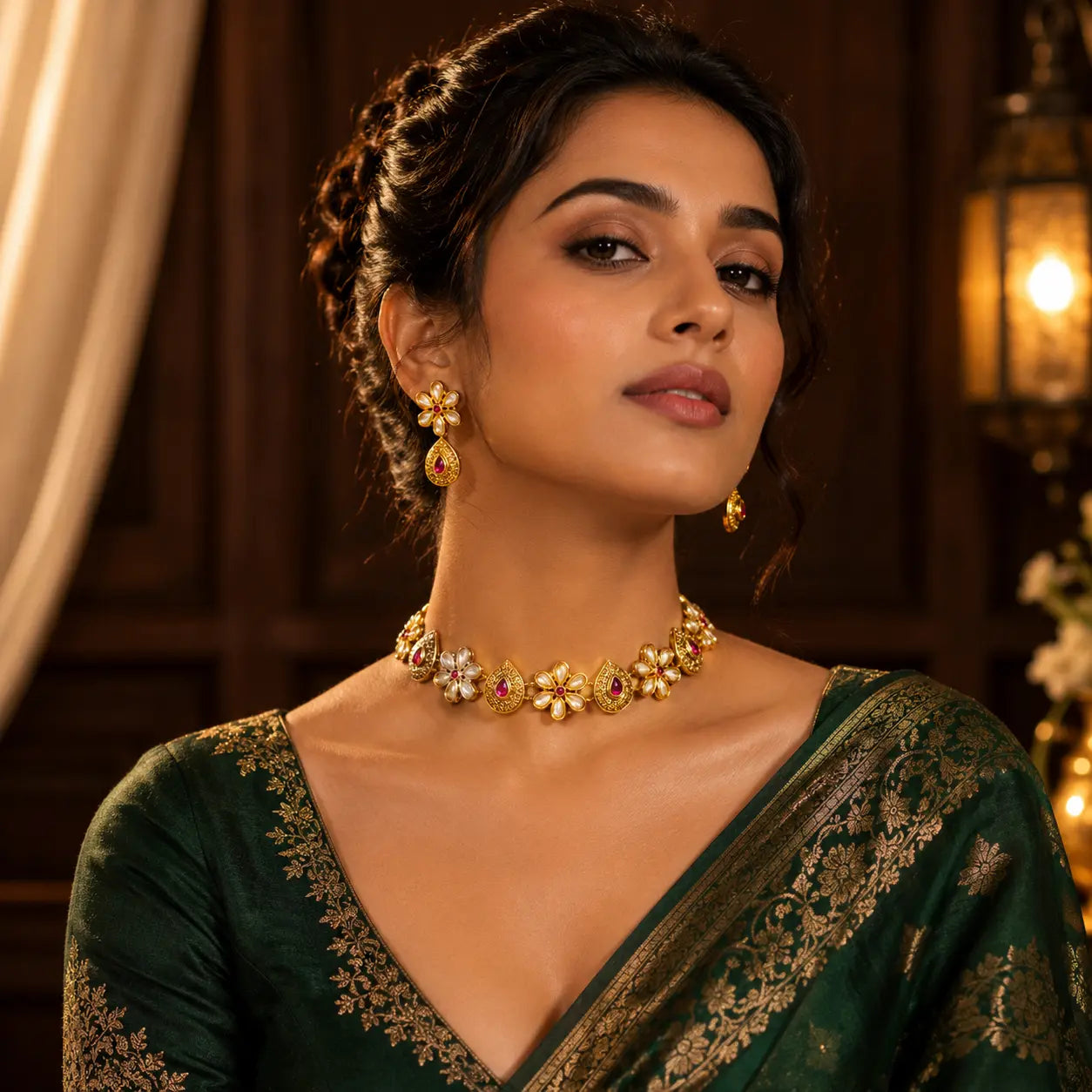 Kumudini – Ruby Floral Kundan Choker Set