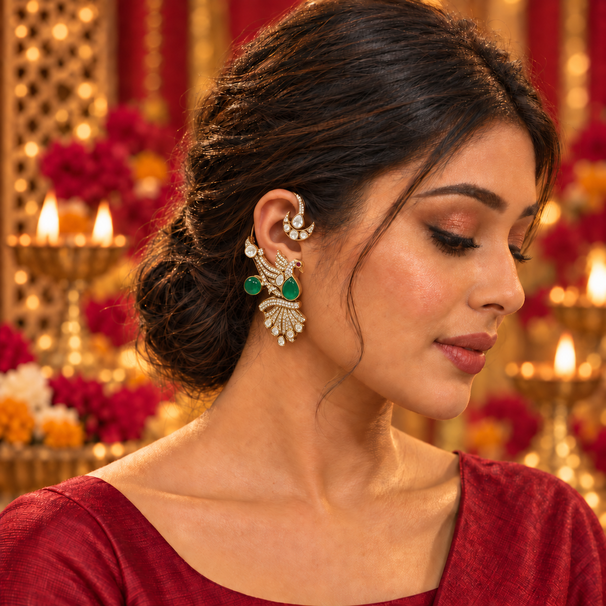 Antique gold-toned peacock ear cuffs with kundan stones, emerald drops & ruby accents. Statement festive jewellery.