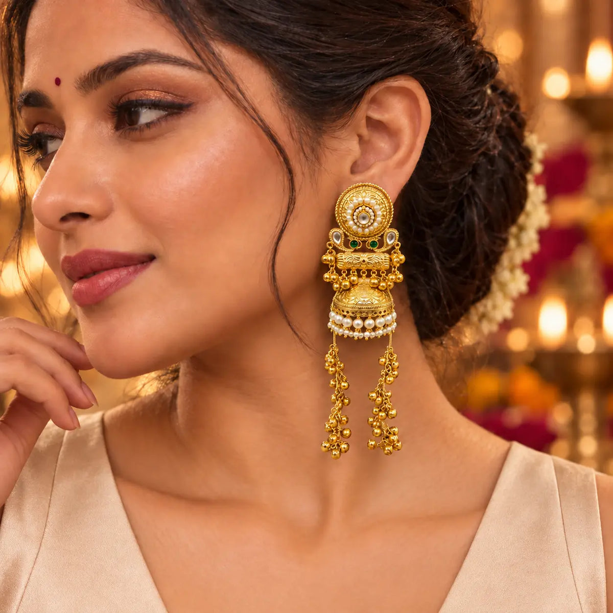 Indian woman wearing Ankkshi Kashmiri Mahal Dome Jhumka Earrings