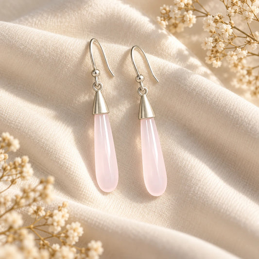 Silver plated hook earrings with a long polished pink stone drop. Ankkshi's Aakar collection.