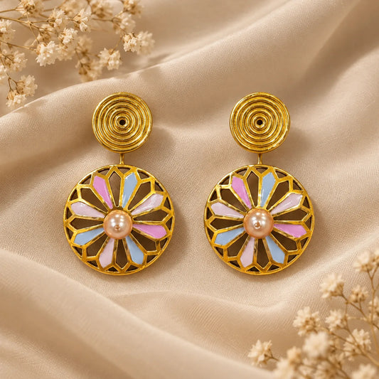 Gold plated fan-cut medallion earrings with pink & blue enamel and a pink pearl accent. Ankkshi's Aakar collection.