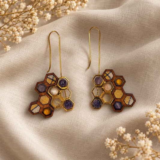 Hexagon honeycomb drop earrings with honey jade, amethyst and mother-of-pearl in gold plated frames. Ankkshi's Aakar collection.