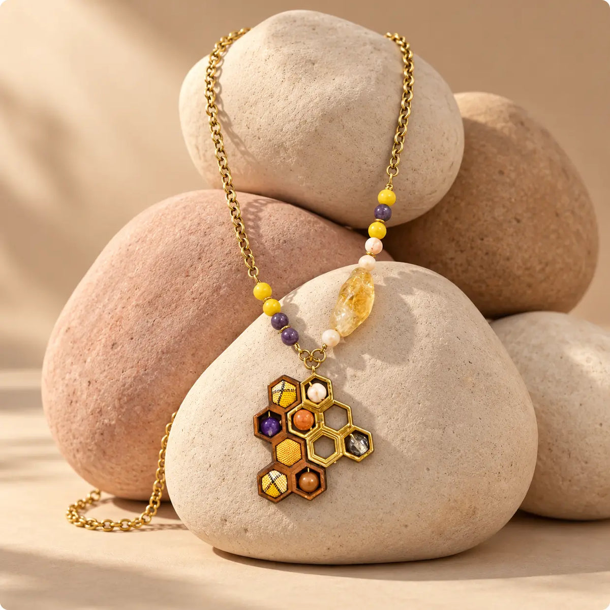 18k gold plated honeycomb pendant with mixed gemstone cells and citrine drop. Handcrafted design from Ankkshi's Aakar collection.