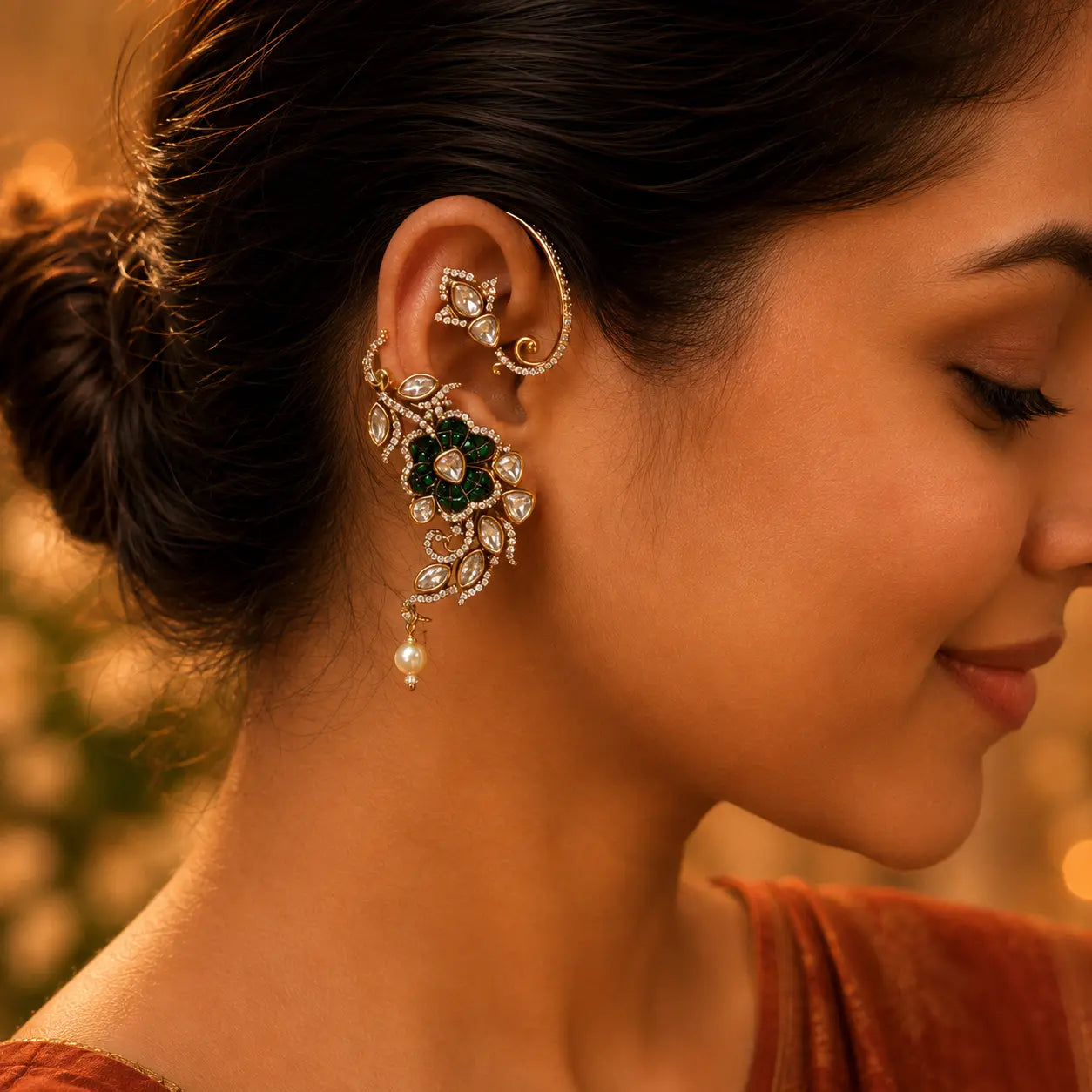 Indian woman wearing Ankkshi Kashmiri Gulmohar emerald ear cuff with kundan stones, pearl drops and antique gold finish