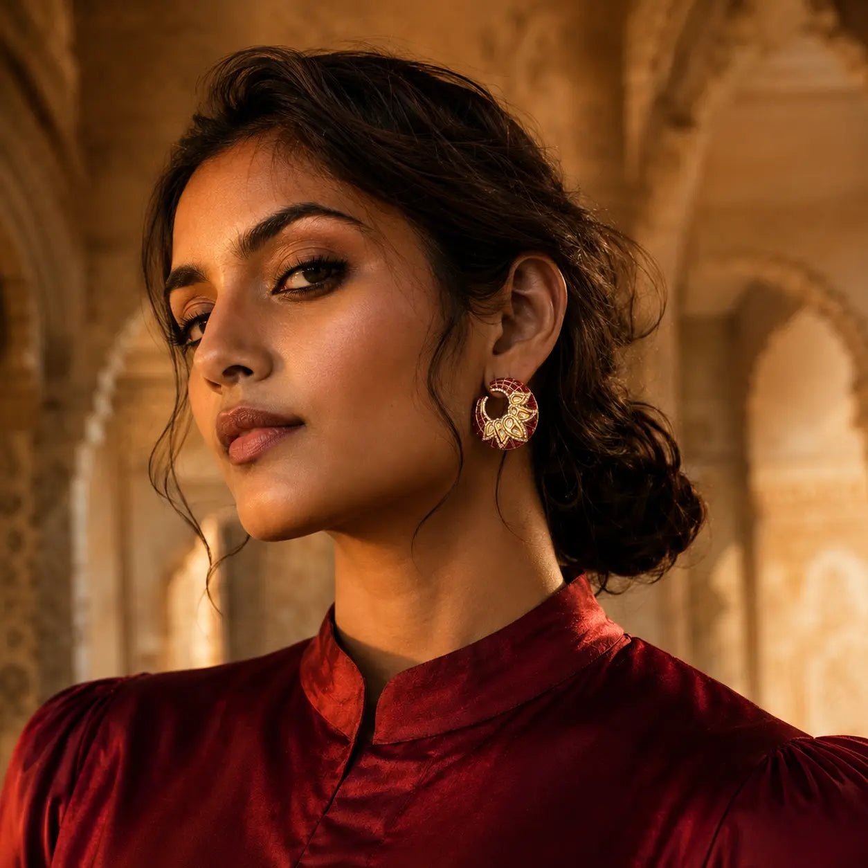 Indian Woman wearing Indian Kundan Hoop Earrings with Ruby coloured stones