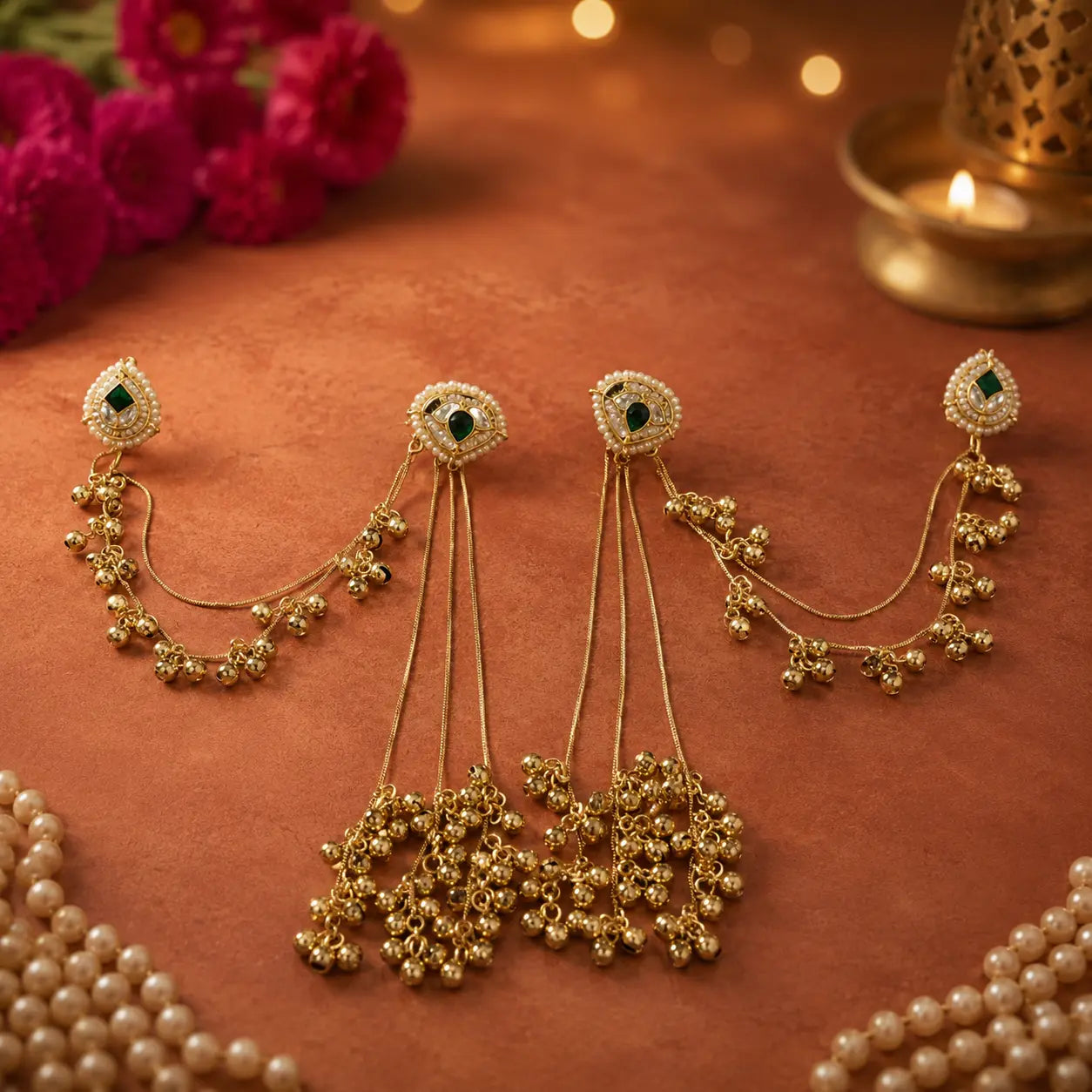 Ankkshi Kashmiri Gulnaar green sahare earrings with kundan stones, gold bead tassels and multi-chain hair drape