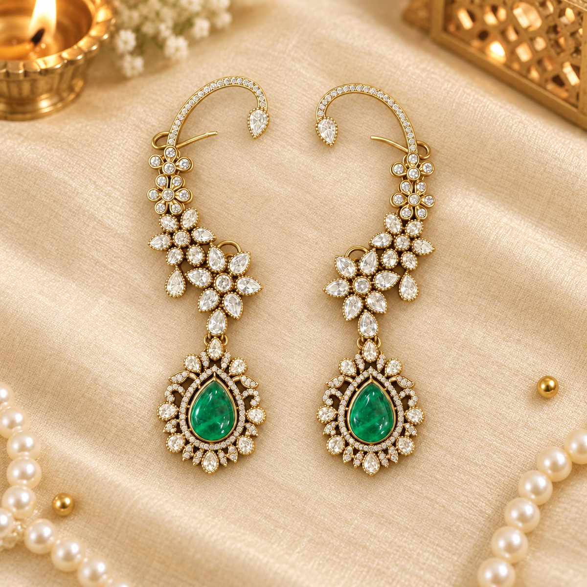 Antique gold-toned floral ear cuffs with kundan stones and emerald-green teardrop centre. Bridal, festive statement jewellery.
