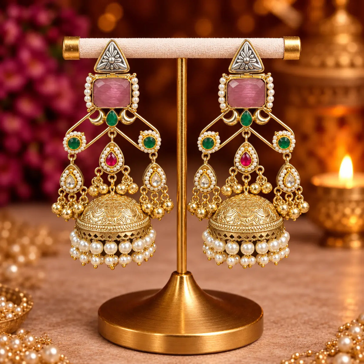 Ankkshi Kashmiri Antique Pearl Jhumka Earrings – gold jhumka earrings with oxidized silver triangular tops, gemstone accents, and pearl fringe drops