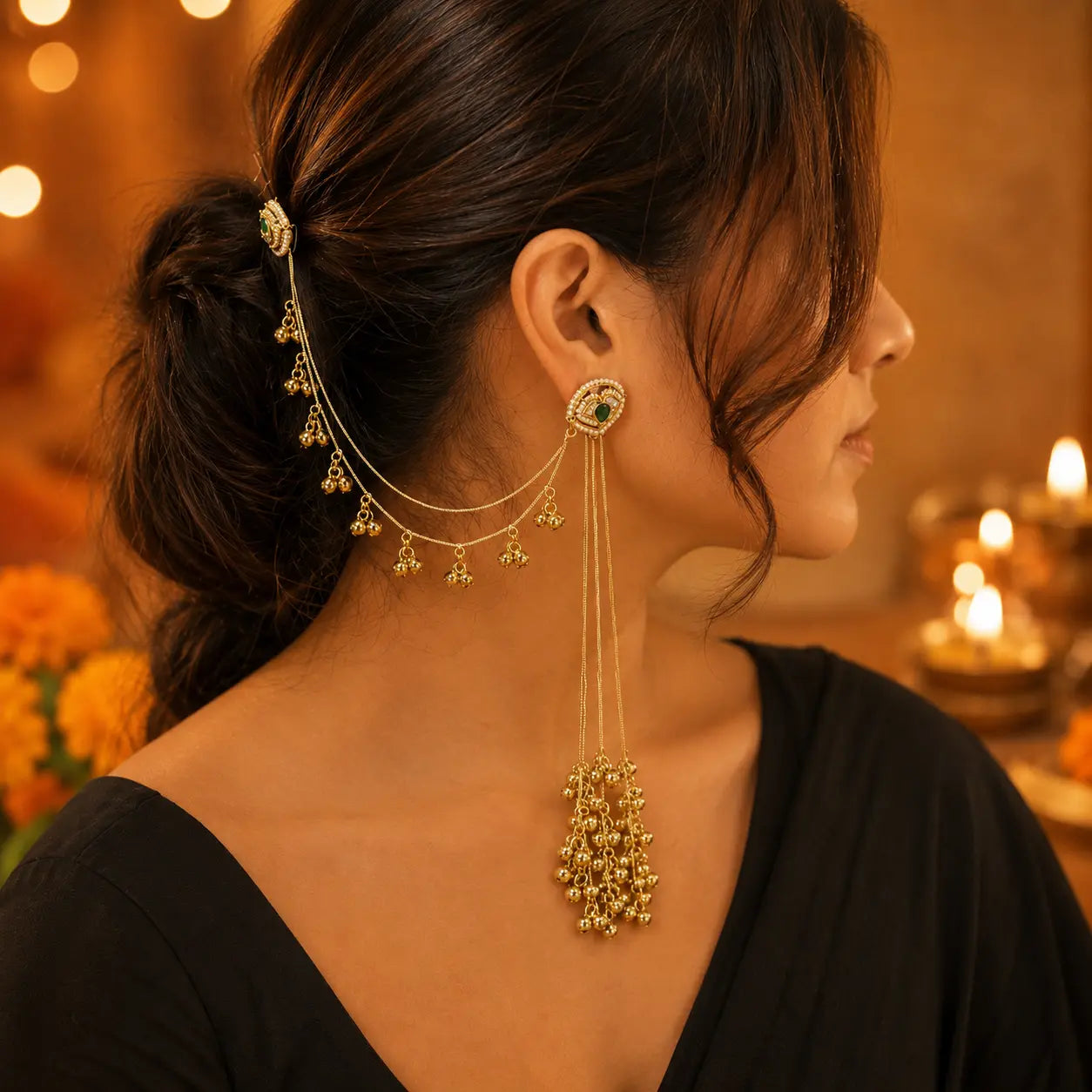 Indian woman wearing the Ankkshi Kashmiri Gulnaar green sahare earrings with kundan stones, gold bead tassels and multi-chain hair drape