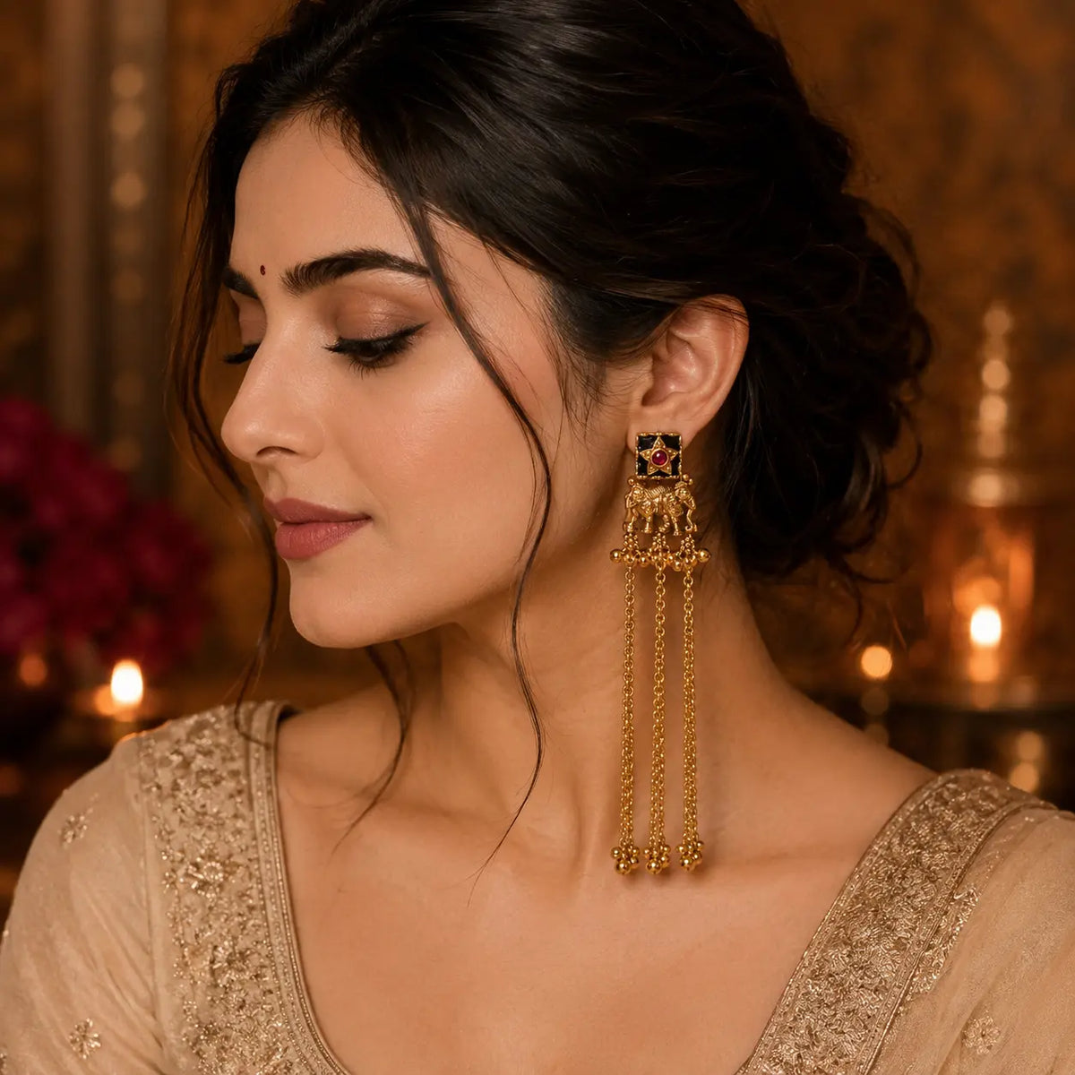 Kashmiri Haathi Ruby Chain Earrings