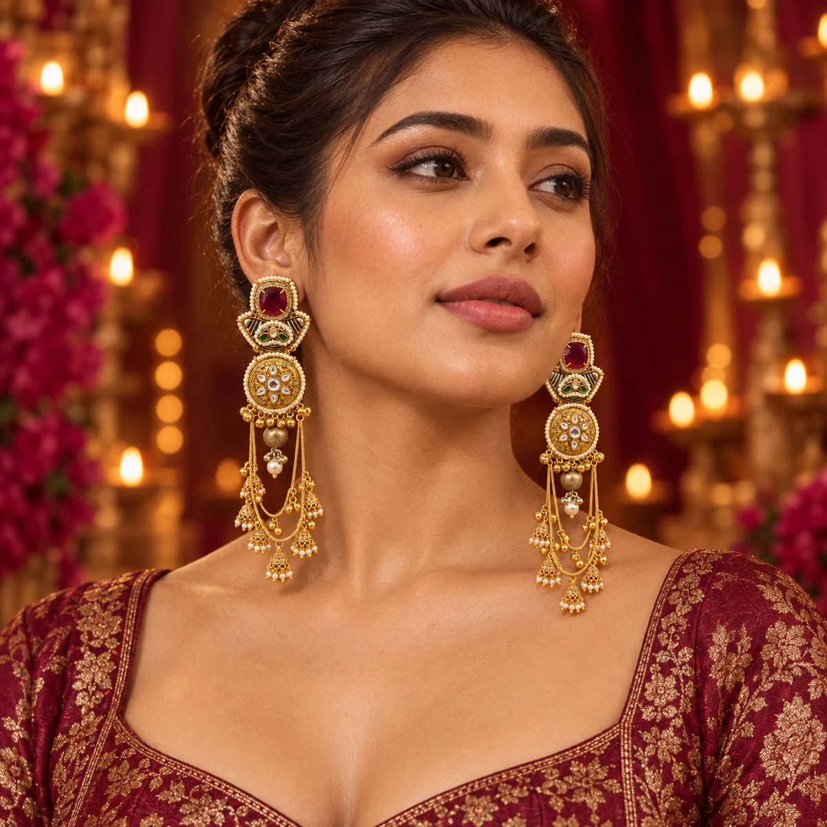 Woman wearing Ankkshi Kashmiri Jharna Earrings
