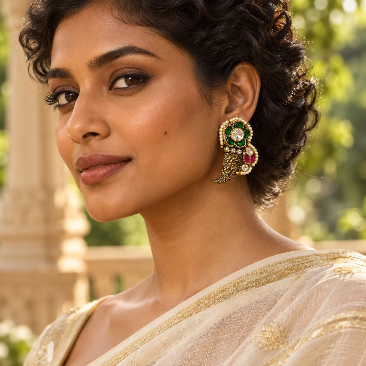 Woman wearing a Ankkshi Kashmiri Matsya Kundan Studs