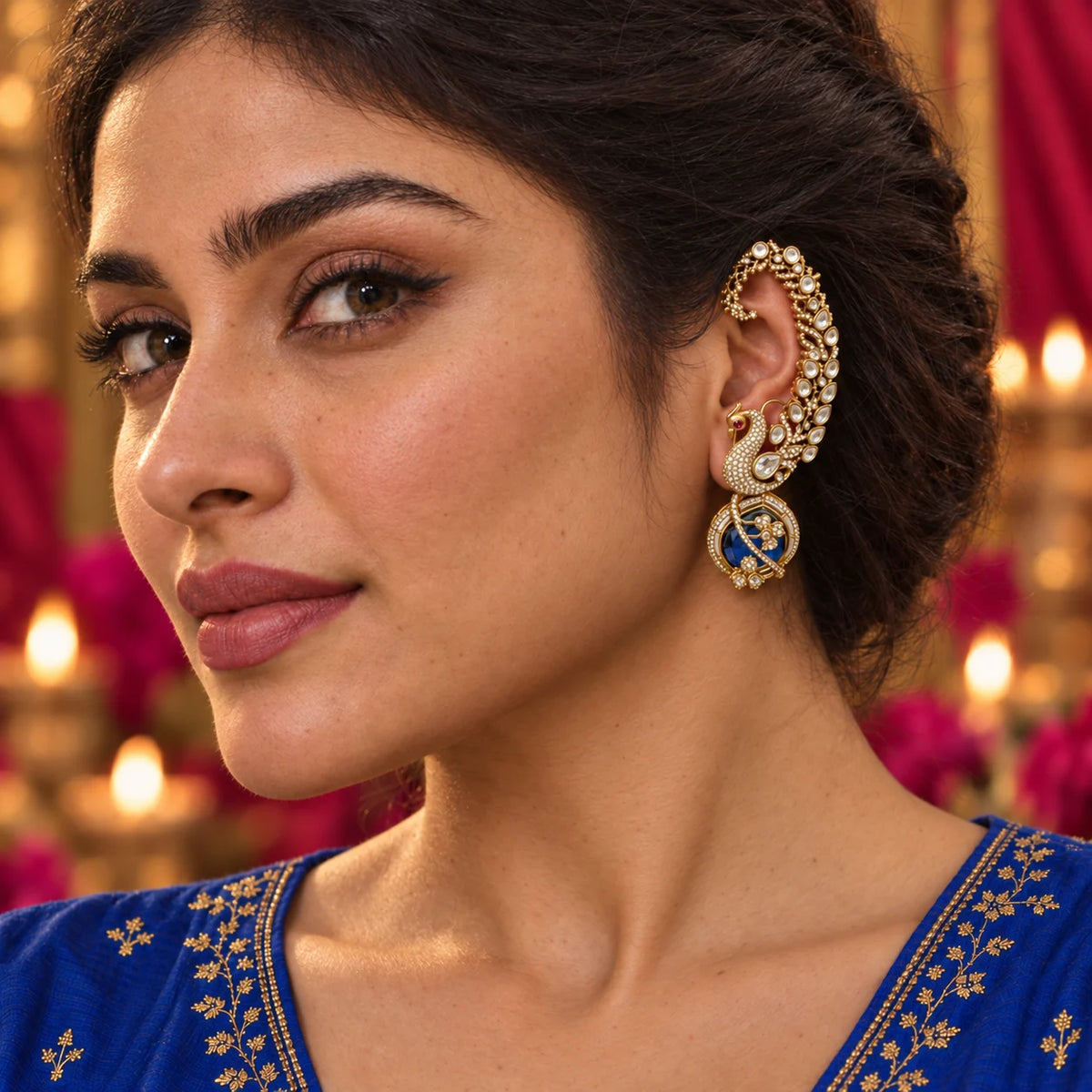 Indian woman wearing Ankkshi Kashmiri Mor Kundali Ear Cuffs