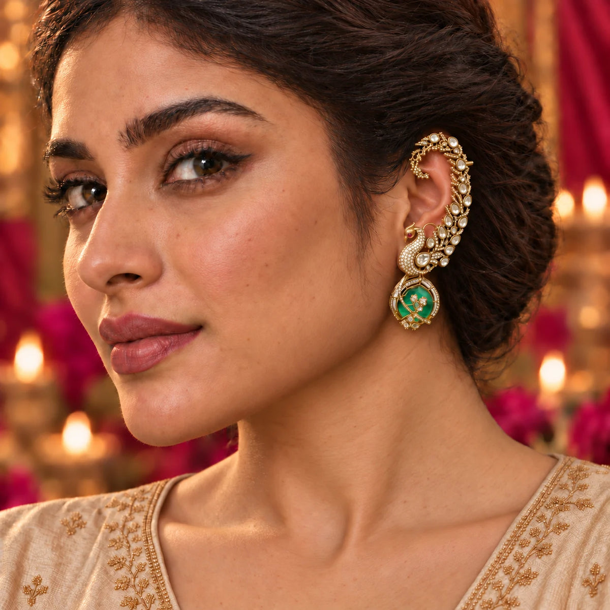 Indian woman wearing Ankkshi Kashmiri Mor Kundali Ear Cuffs