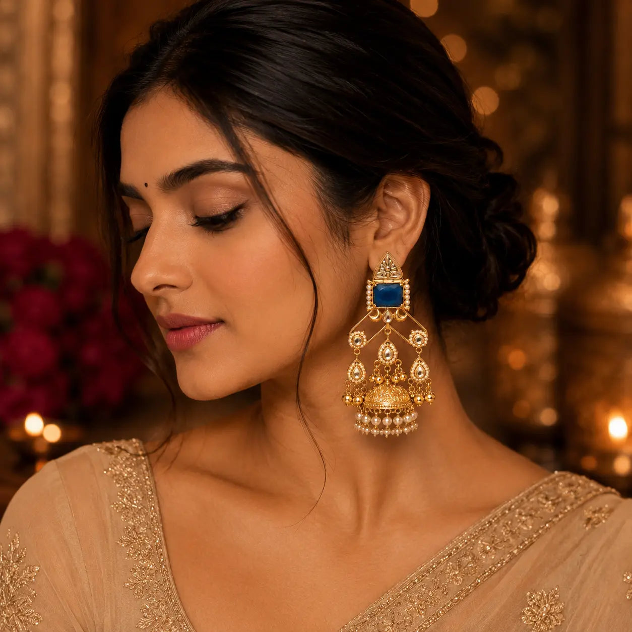 Kashmiri Neel Pearl Jhumka Earrings featuring a royal blue stone, pearl embellishments, and intricate gold-tone craftsmanship styled with traditional ethnic wear