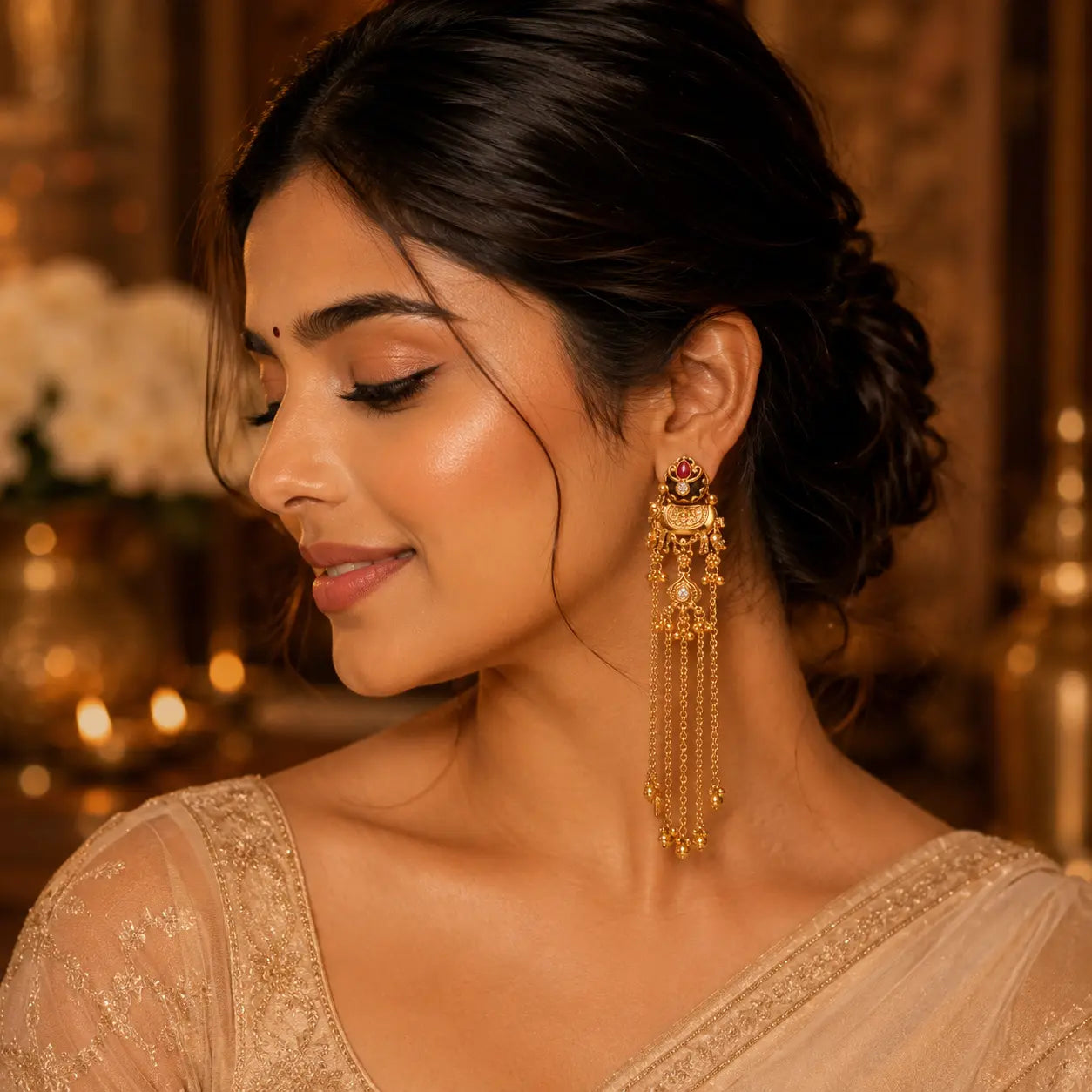 Kashmiri ruby long chain earrings with gold-tone detailing and cascading tassel chains styled with festive ethnic wear