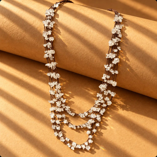 Tiered clear quartz necklace with a soft, sparkling texture. Multi-strand, handcrafted design from Ankkshi's Aakar collection.