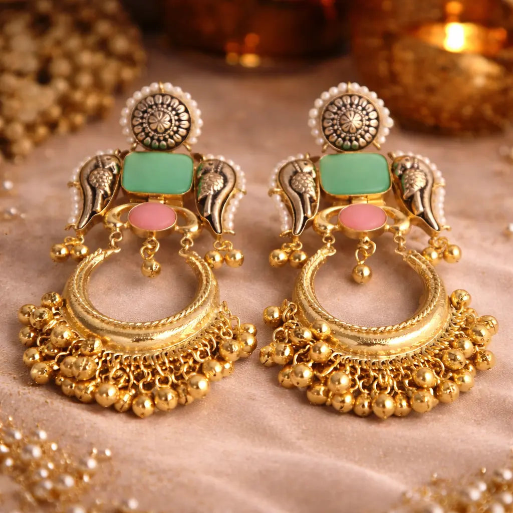 Kashmiri Mor Crescent Earrings in Blush Pink with peacock motifs and gold detailing