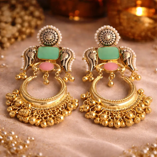 Kashmiri Mor Crescent Earrings in Blush Pink with peacock motifs and gold detailing