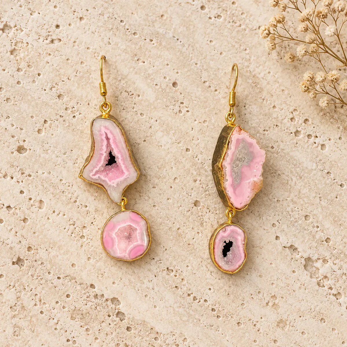 Raw druzy agate geode slices in 18k gold plated settings. One-of-a-kind statement earrings from Ankkshi's Aakar collection.