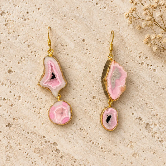 Raw druzy agate geode slices in 18k gold plated settings. One-of-a-kind statement earrings from Ankkshi's Aakar collection.