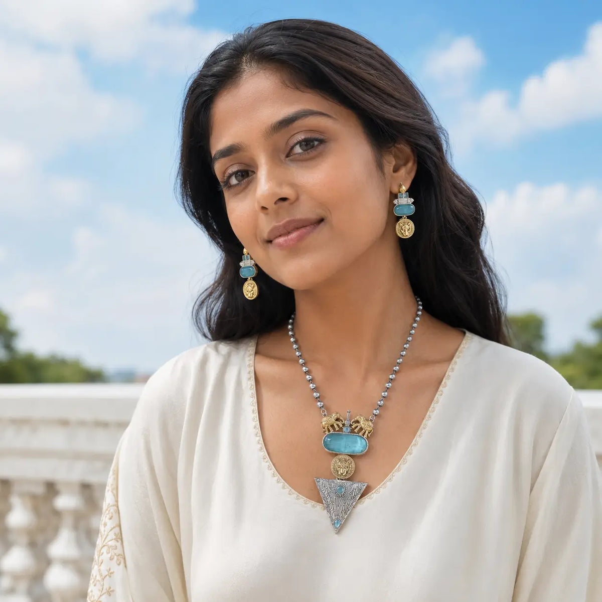 Indian woman wearing the Ankkshi Simhika Oxidised Heritage Necklace Set Teal