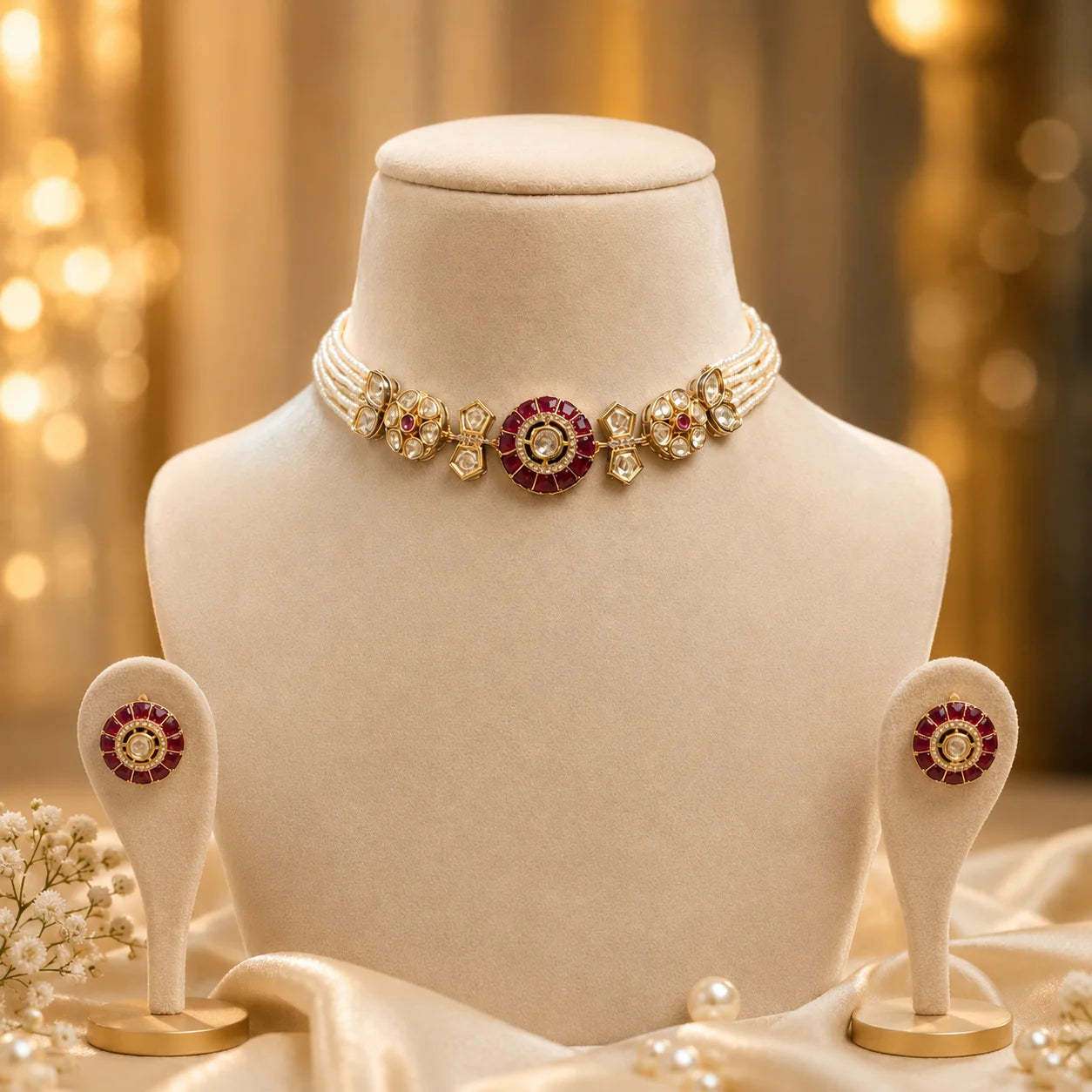 Arunika ruby kundan pearl choker set with matching earrings in traditional Indian jewellery design