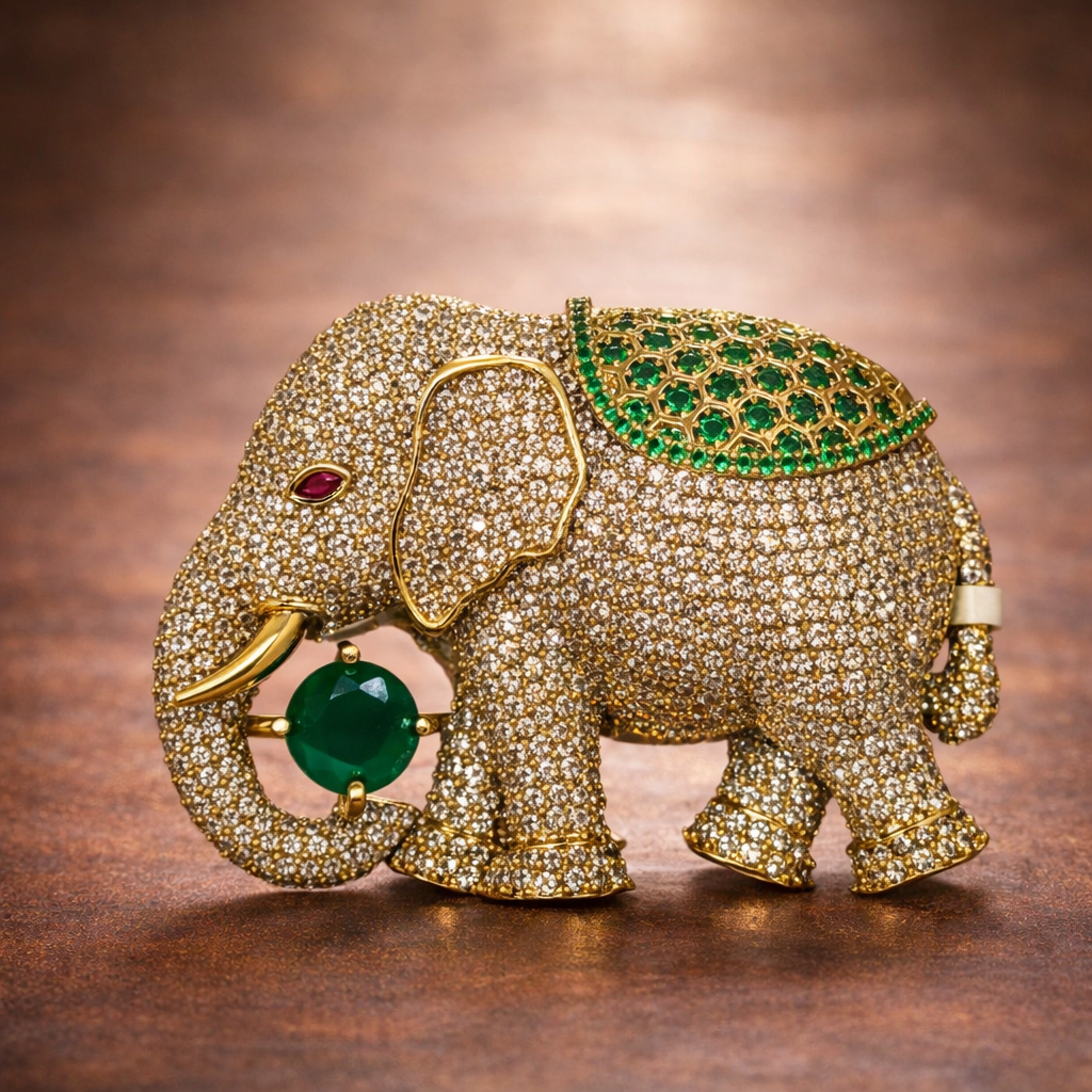 Gold elephant brooch with emerald stone by Ankkshi