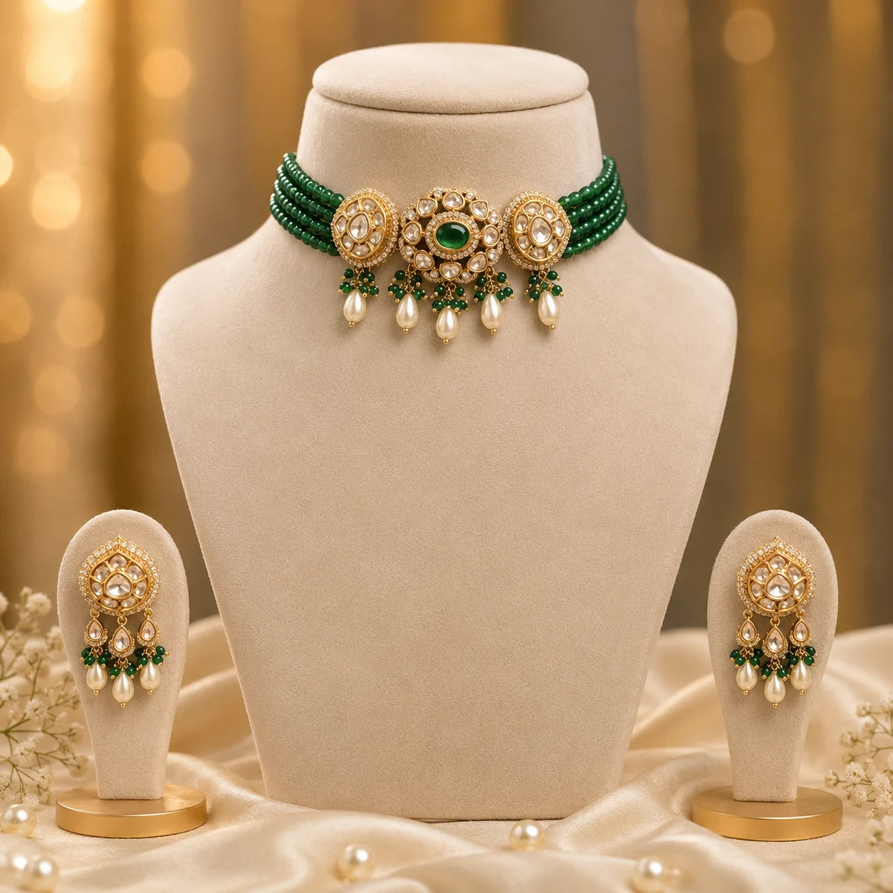 Harini emerald green kundan choker set with pearl drops and matching earrings