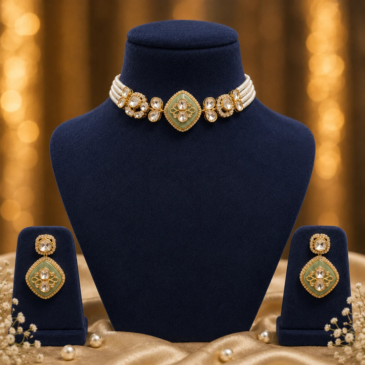 Madhavi mint green kundan pearl choker set with matching earrings
