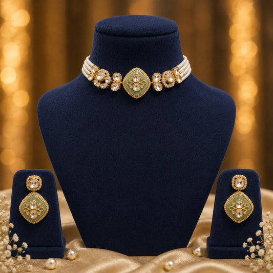 Madhavi mint green kundan pearl choker set with matching earrings