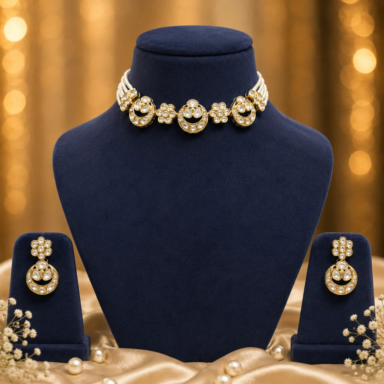 Mallika floral kundan pearl choker necklace with matching earrings