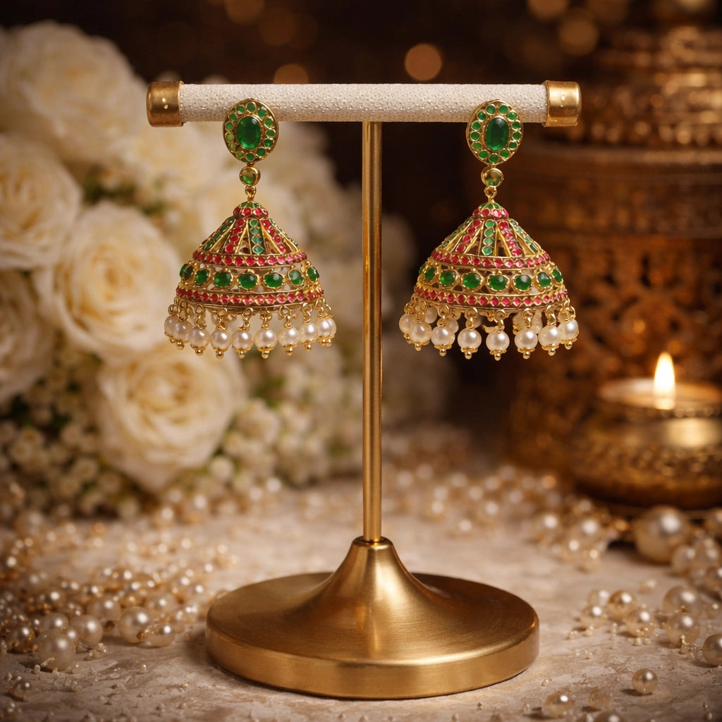 Traditional kundan jhumka earrings with pearl drops and multicolour detailing