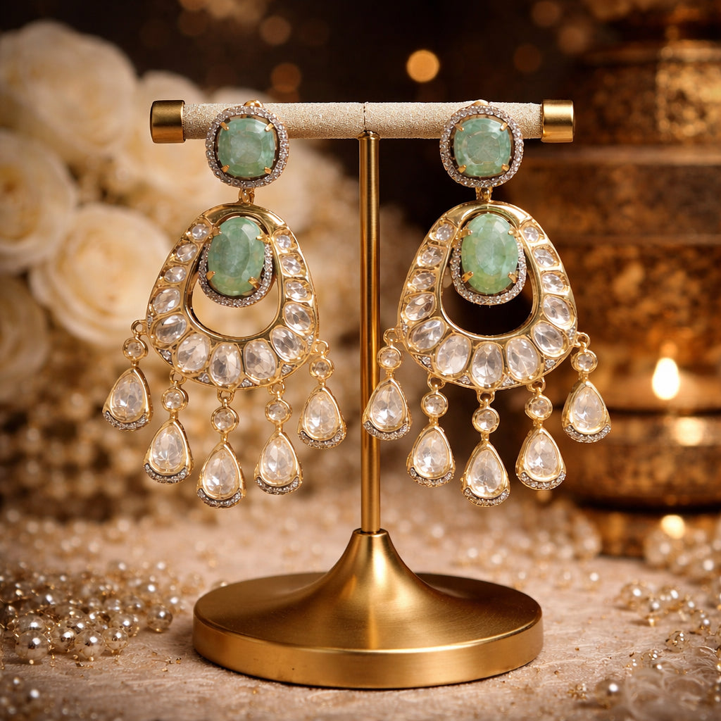 Mint green kundan chandelier earrings with gold detailing and teardrop accents