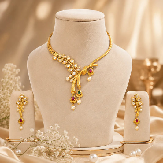 Pallavi heritage kundan necklace set with leaf-inspired design and matching earrings