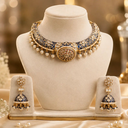 Shyamali blue enamel kundan choker set with matching jhumka earrings